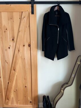Dex Wool Coat- Asymmetric Zip/ High Collar, Faux Leather Sleeve Trench